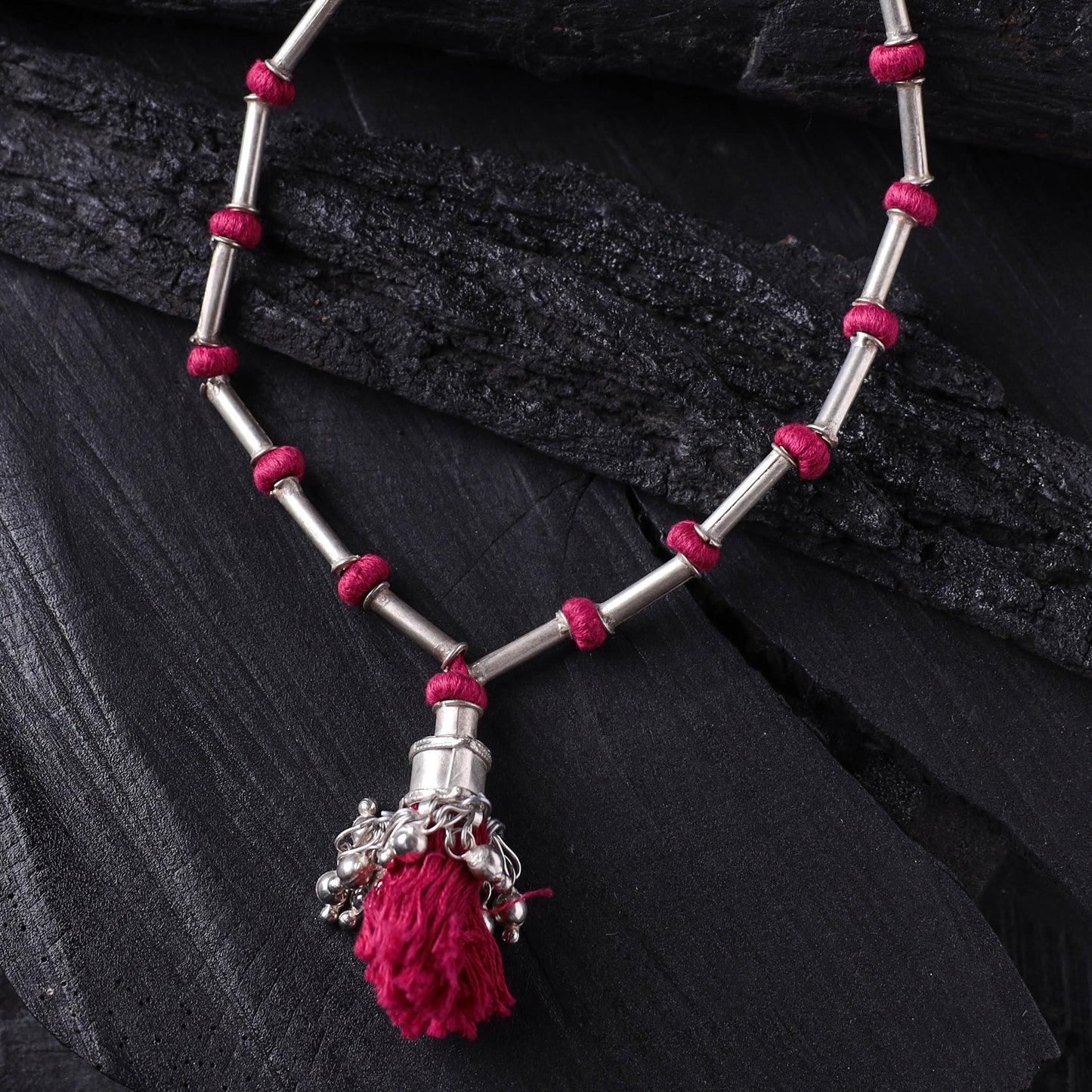 Lambani Threadwork Oxidised White Metal Necklace 33