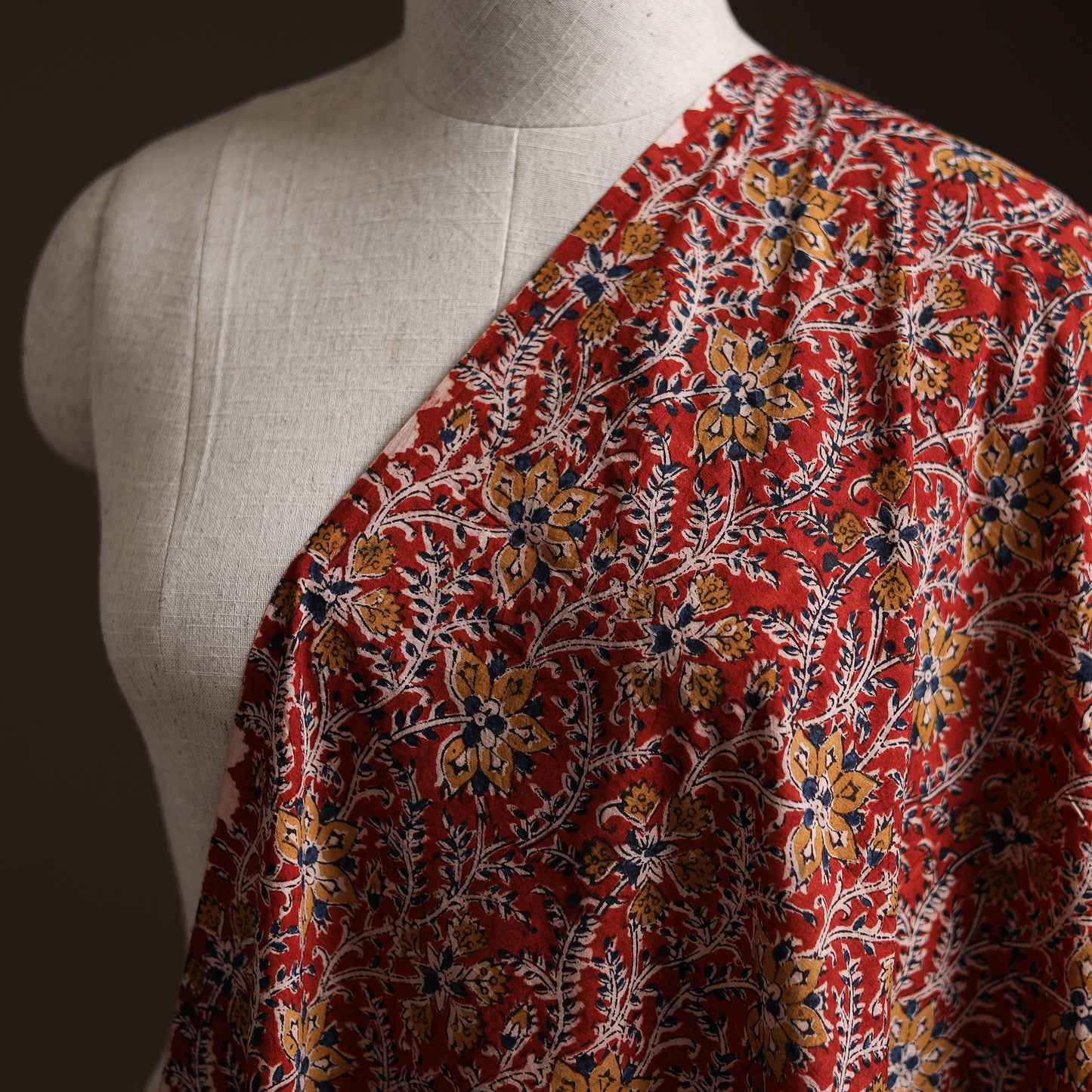 Red - Pedana Hand Block Printed Natural Dyed Cotton Kalamkari Fabric 04