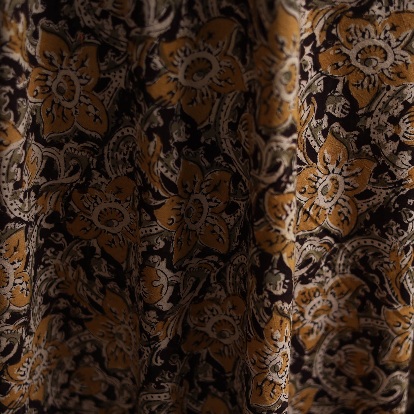 Black - Pedana Hand Block Printed Natural Dyed Cotton Kalamkari Fabric 02