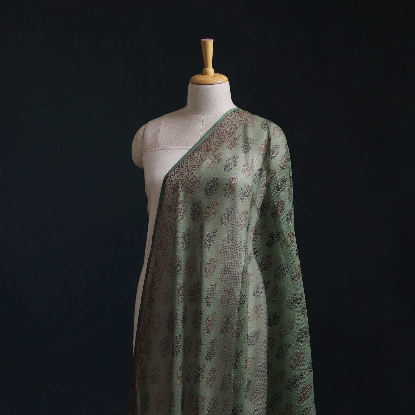 Green - Kota Doria Cotton Natural Dyed Hand Block Bagh Print Fabric 09