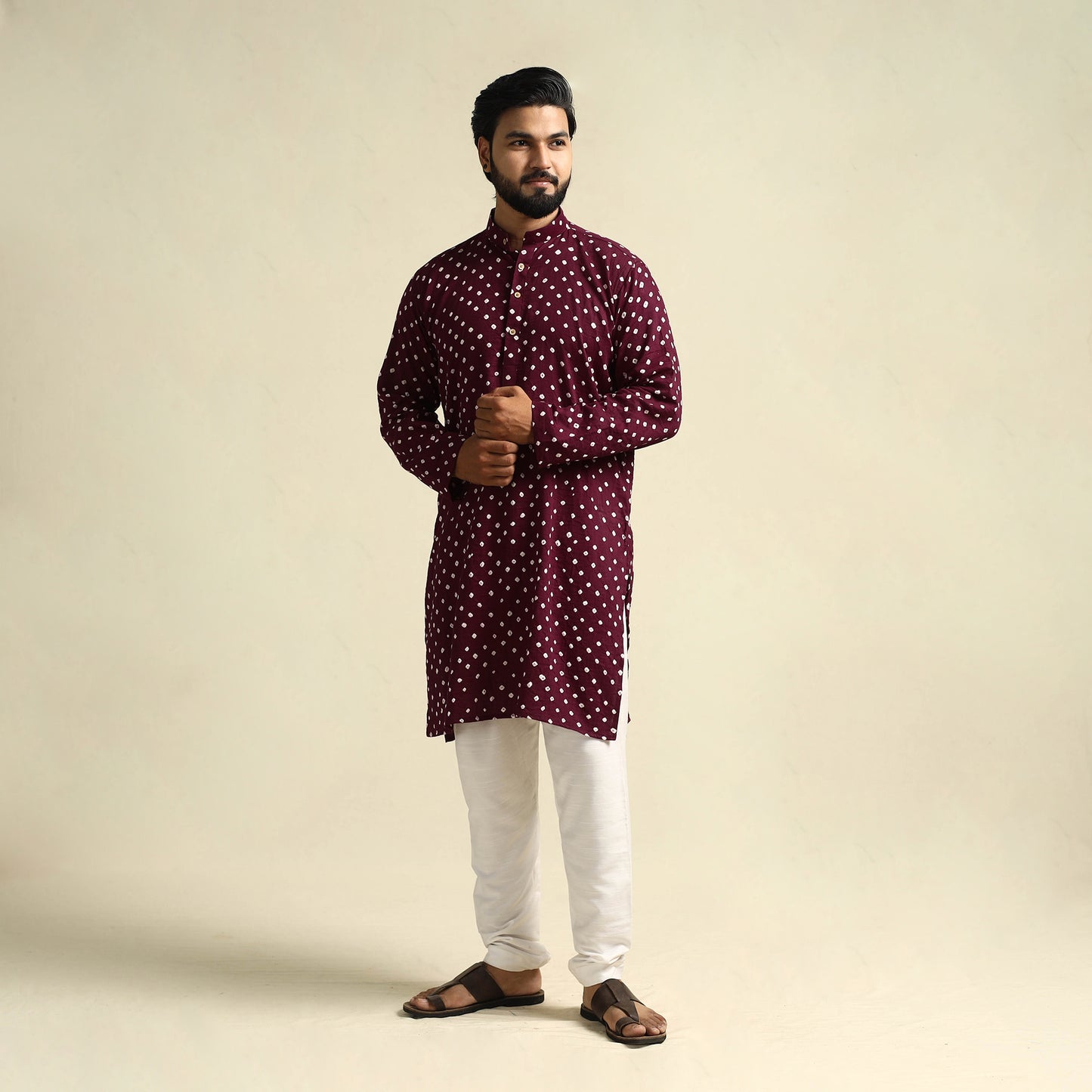 Buy Purple Tie-Dye Mul Cotton Long Bandhani Kurta for Men
