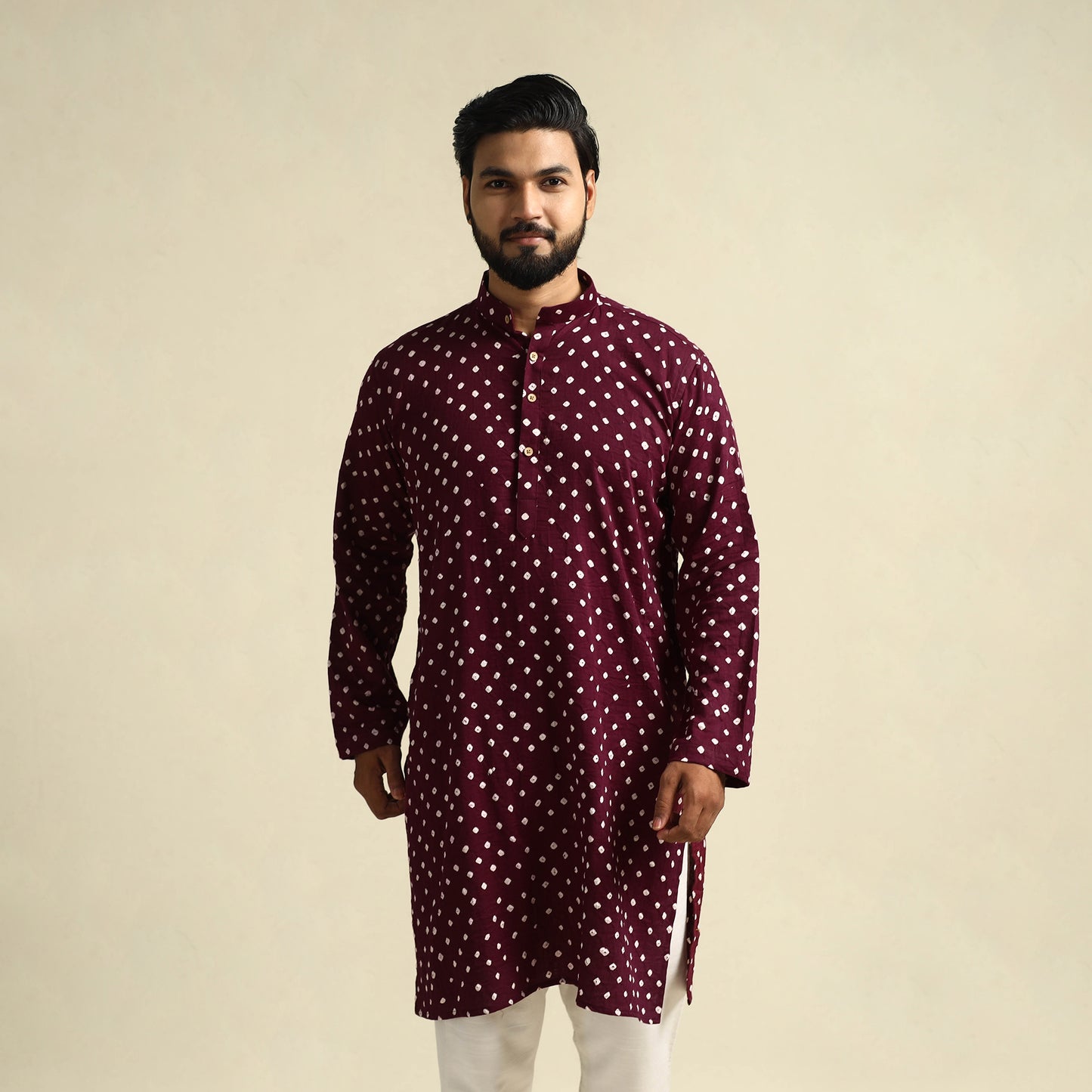Buy Purple Tie-Dye Mul Cotton Long Bandhani Kurta for Men