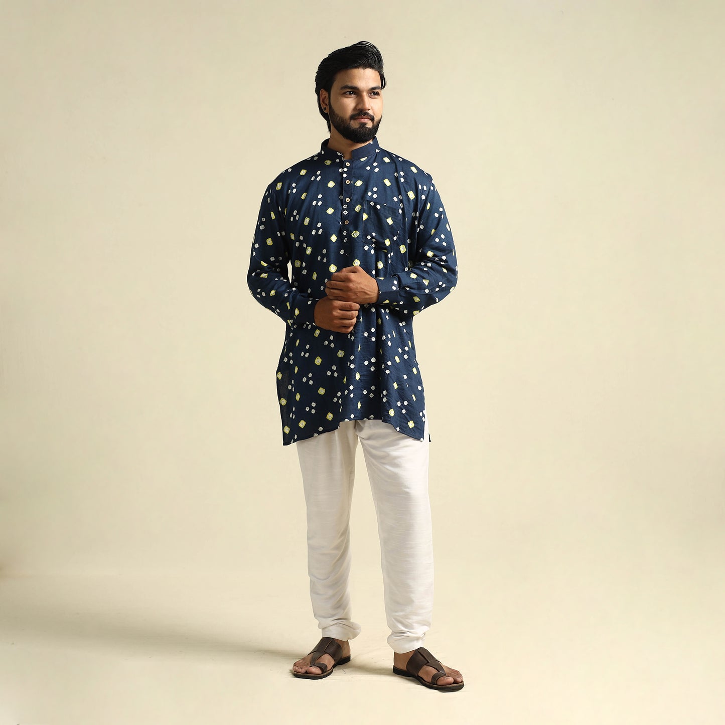 Buy Blue Tie-Dye Cotton Short Bandhani Kurta for Men