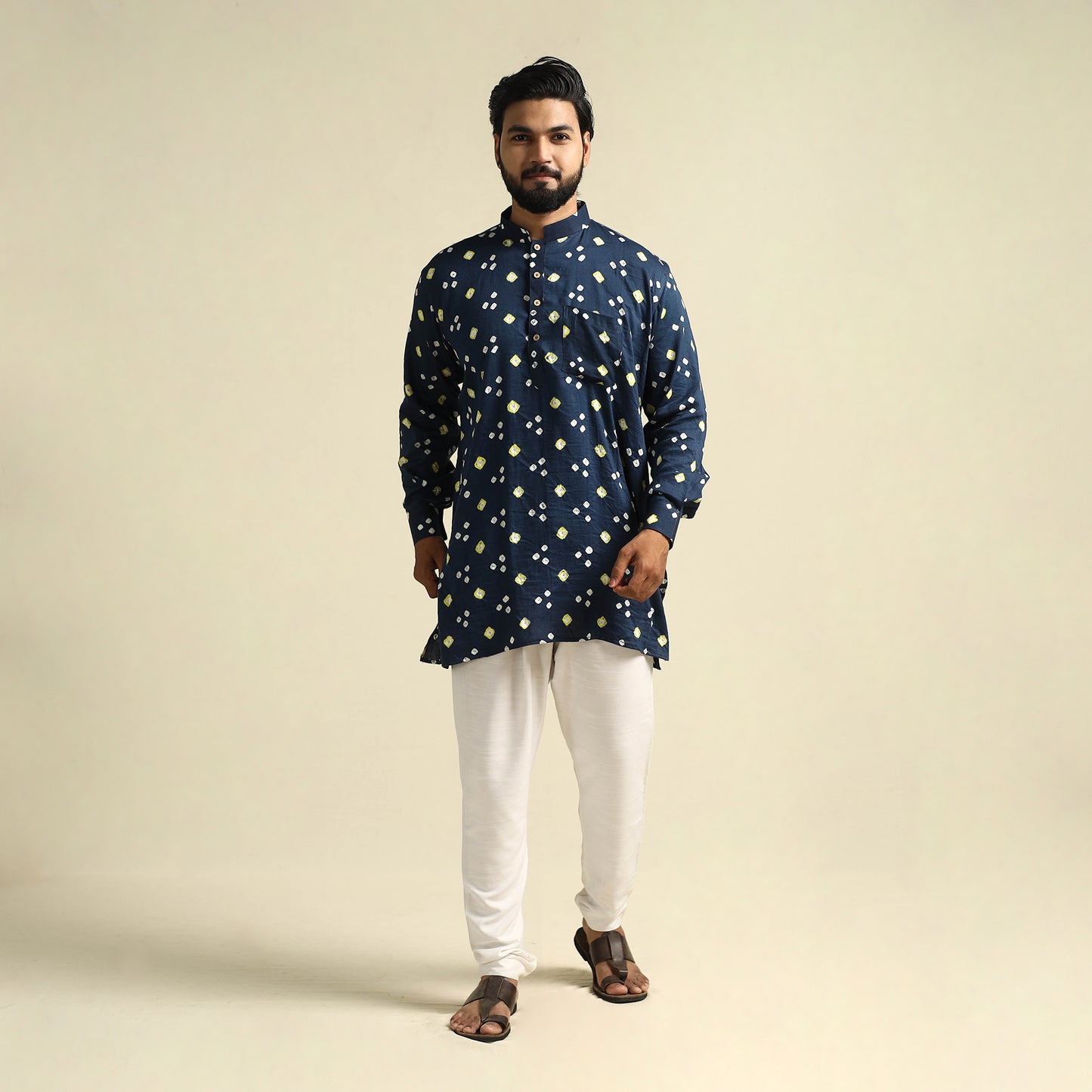 Buy Blue Tie-Dye Cotton Short Bandhani Kurta for Men