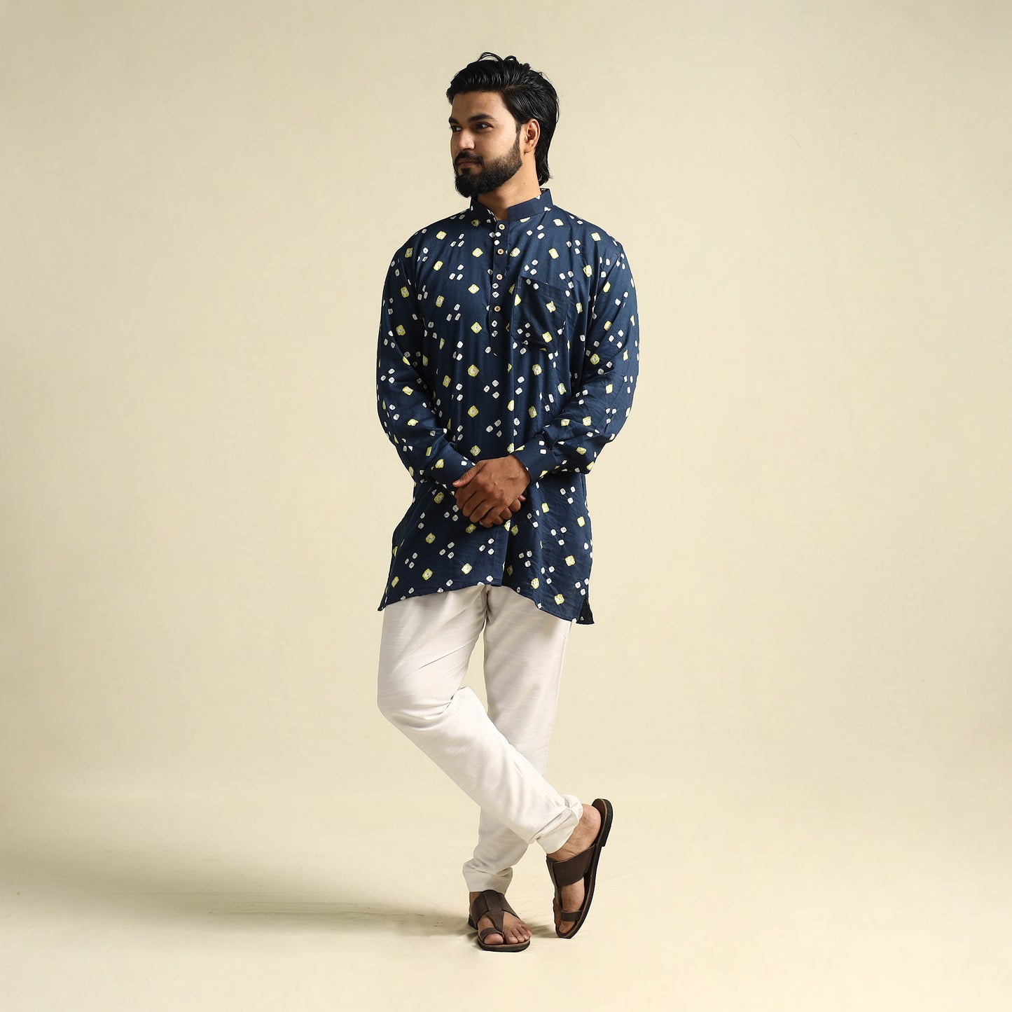 Buy Blue Tie-Dye Cotton Short Bandhani Kurta for Men