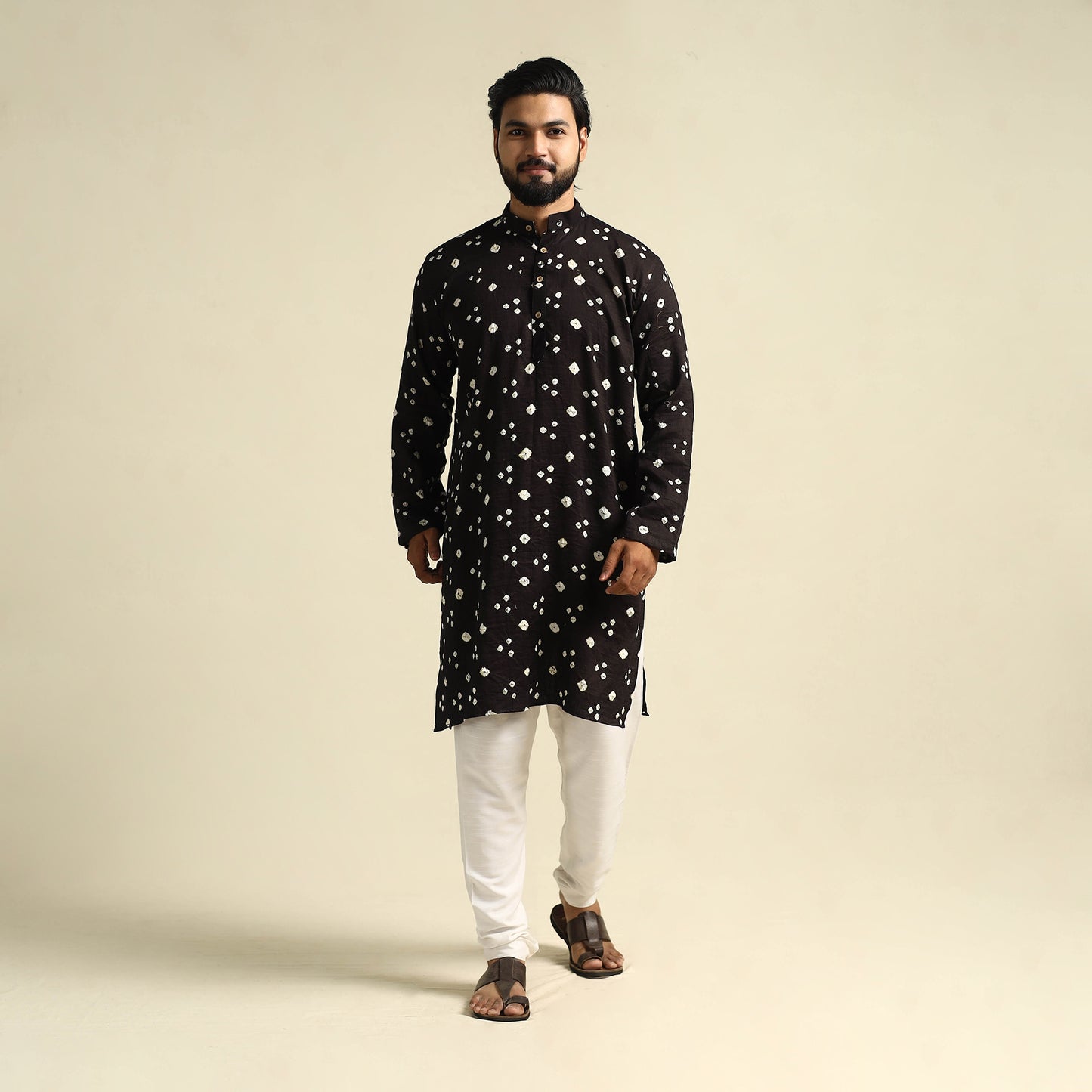  Black Tie-Dye Mul Cotton Long Bandhani Kurta for Men