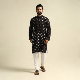  Black Tie-Dye Mul Cotton Long Bandhani Kurta for Men