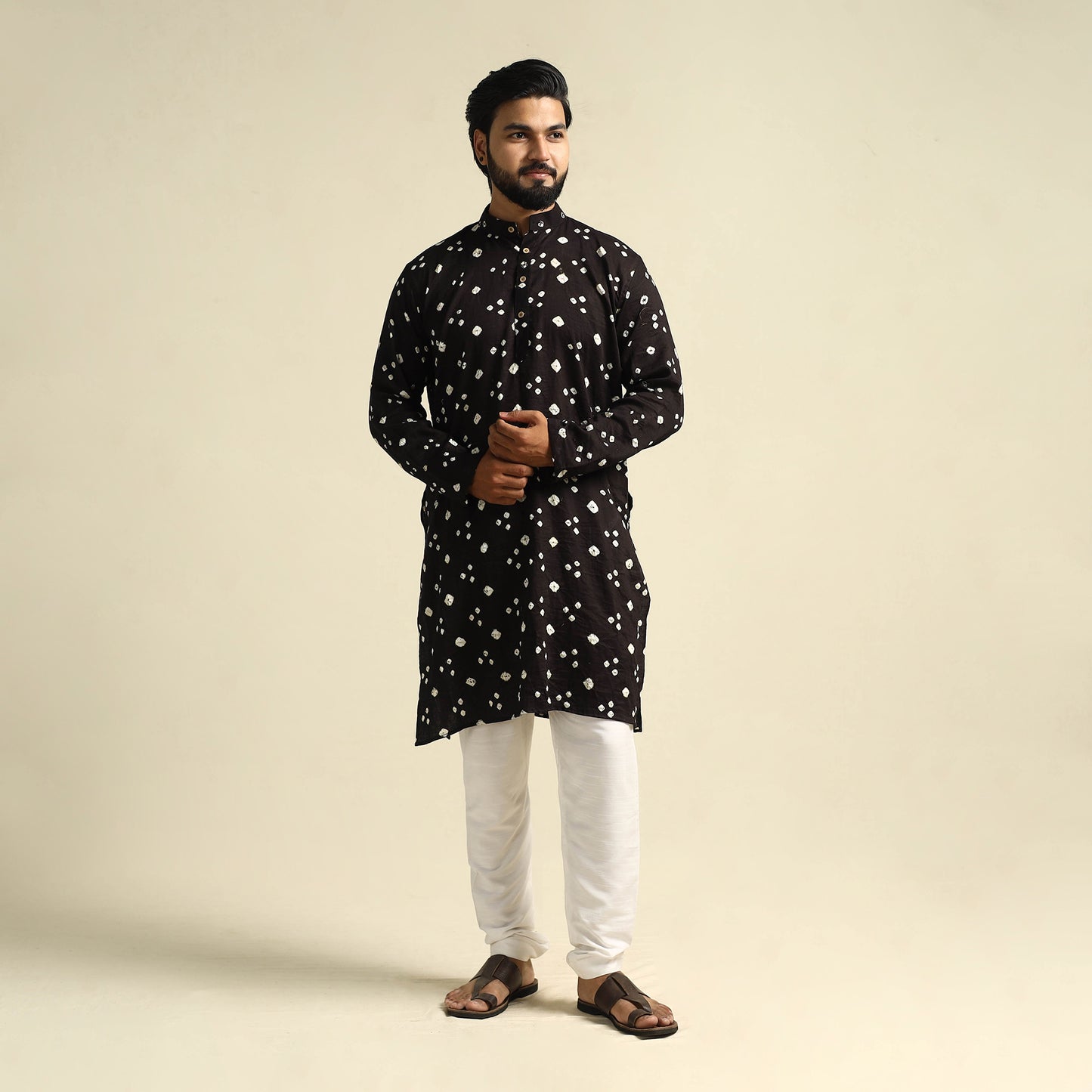  Black Tie-Dye Mul Cotton Long Bandhani Kurta for Men