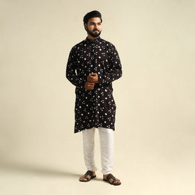  Black Tie-Dye Mul Cotton Long Bandhani Kurta for Men
