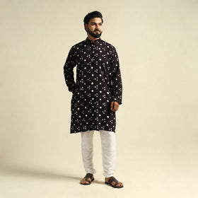  Black Tie-Dye Mul Cotton Long Bandhani Kurta for Men