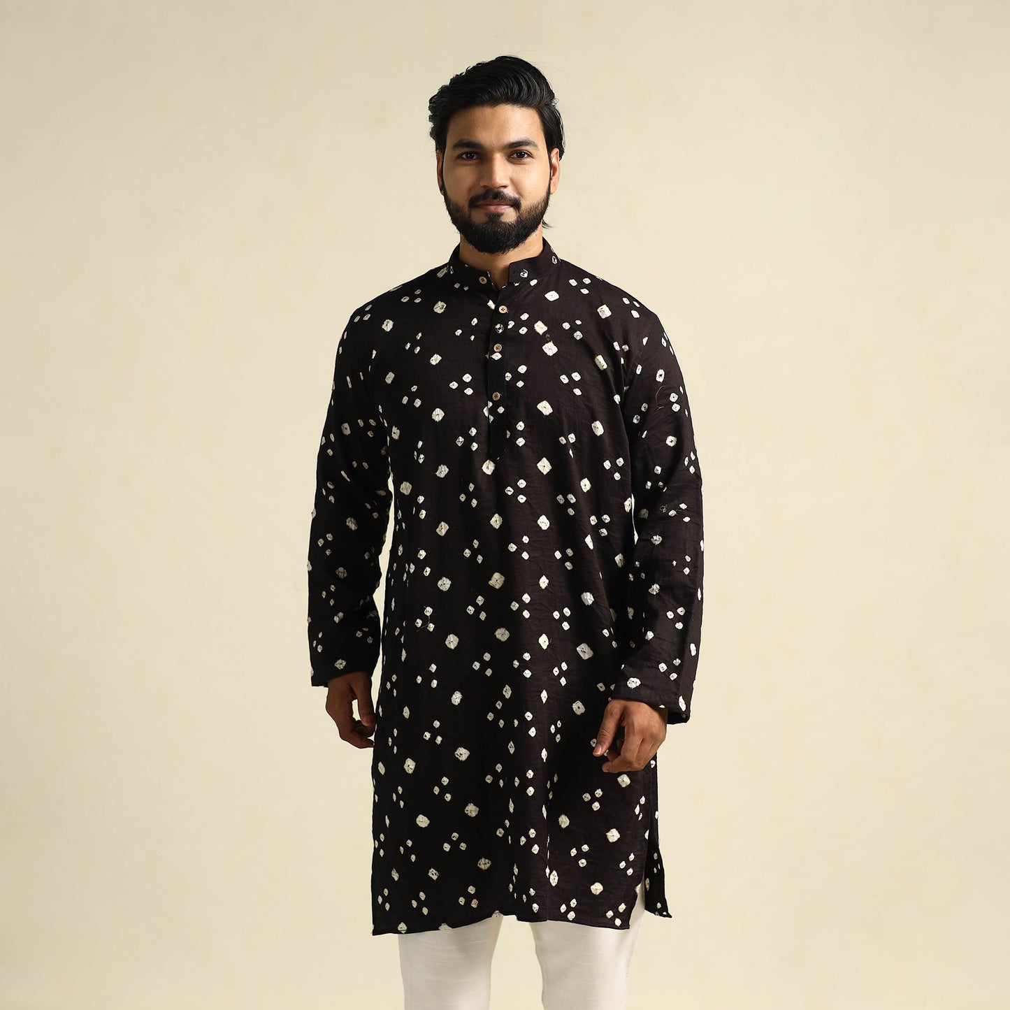  Black Tie-Dye Mul Cotton Long Bandhani Kurta for Men