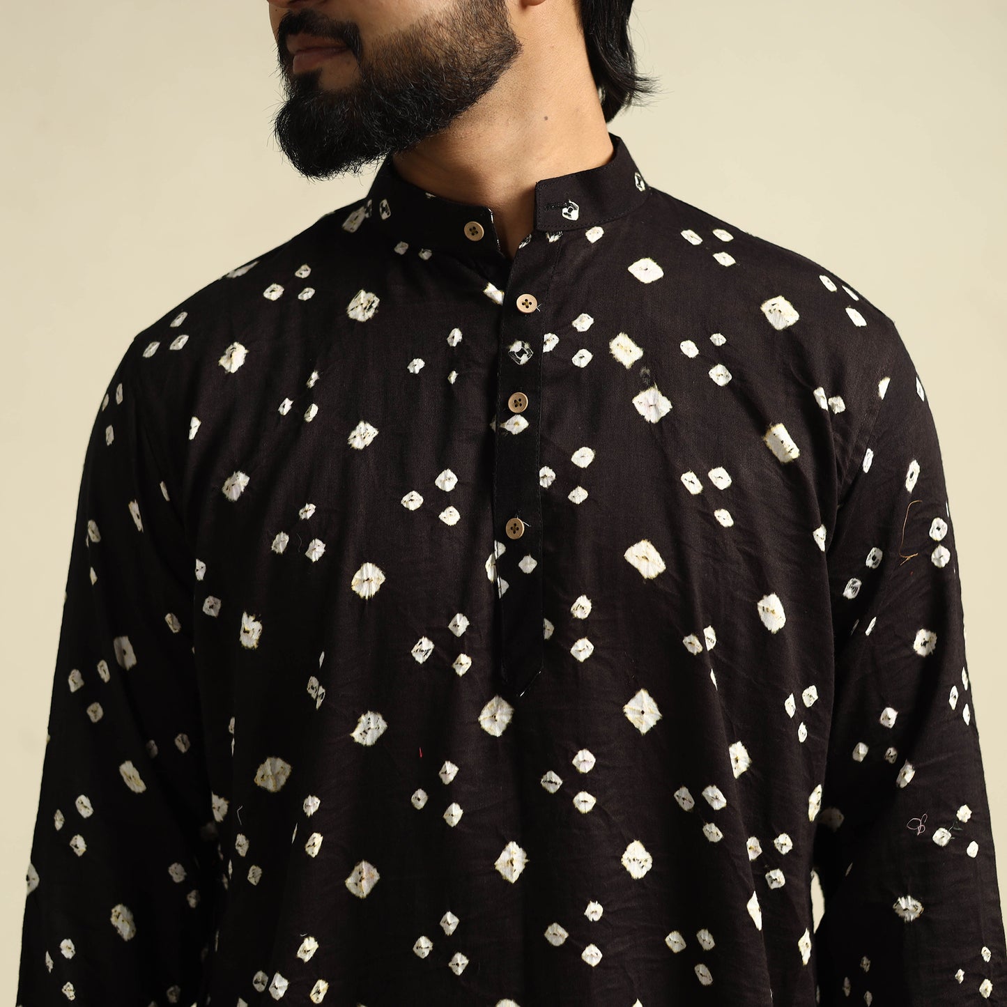  Black Tie-Dye Mul Cotton Long Bandhani Kurta for Men