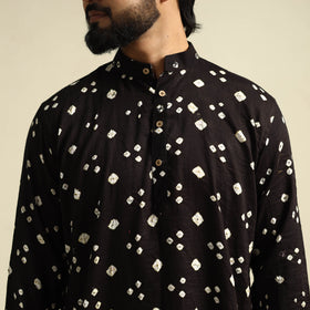  Black Tie-Dye Mul Cotton Long Bandhani Kurta for Men