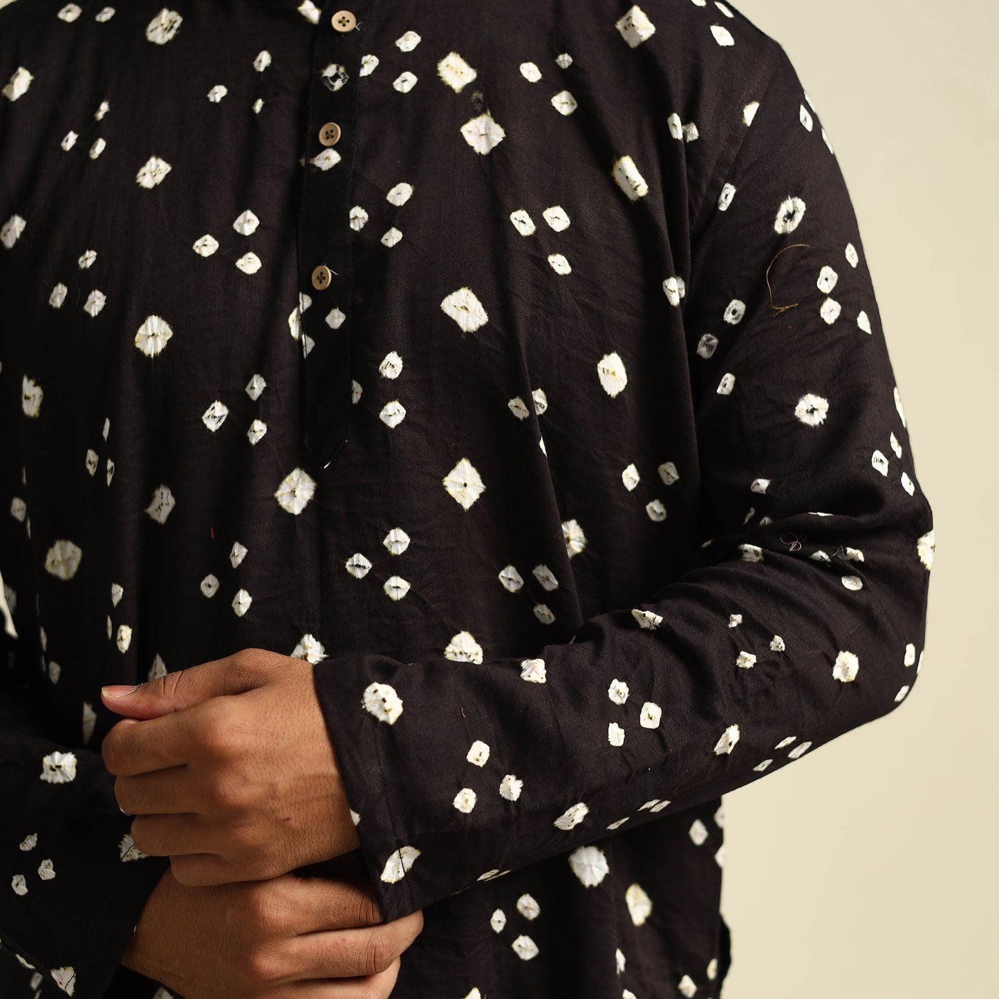  Black Tie-Dye Mul Cotton Long Bandhani Kurta for Men