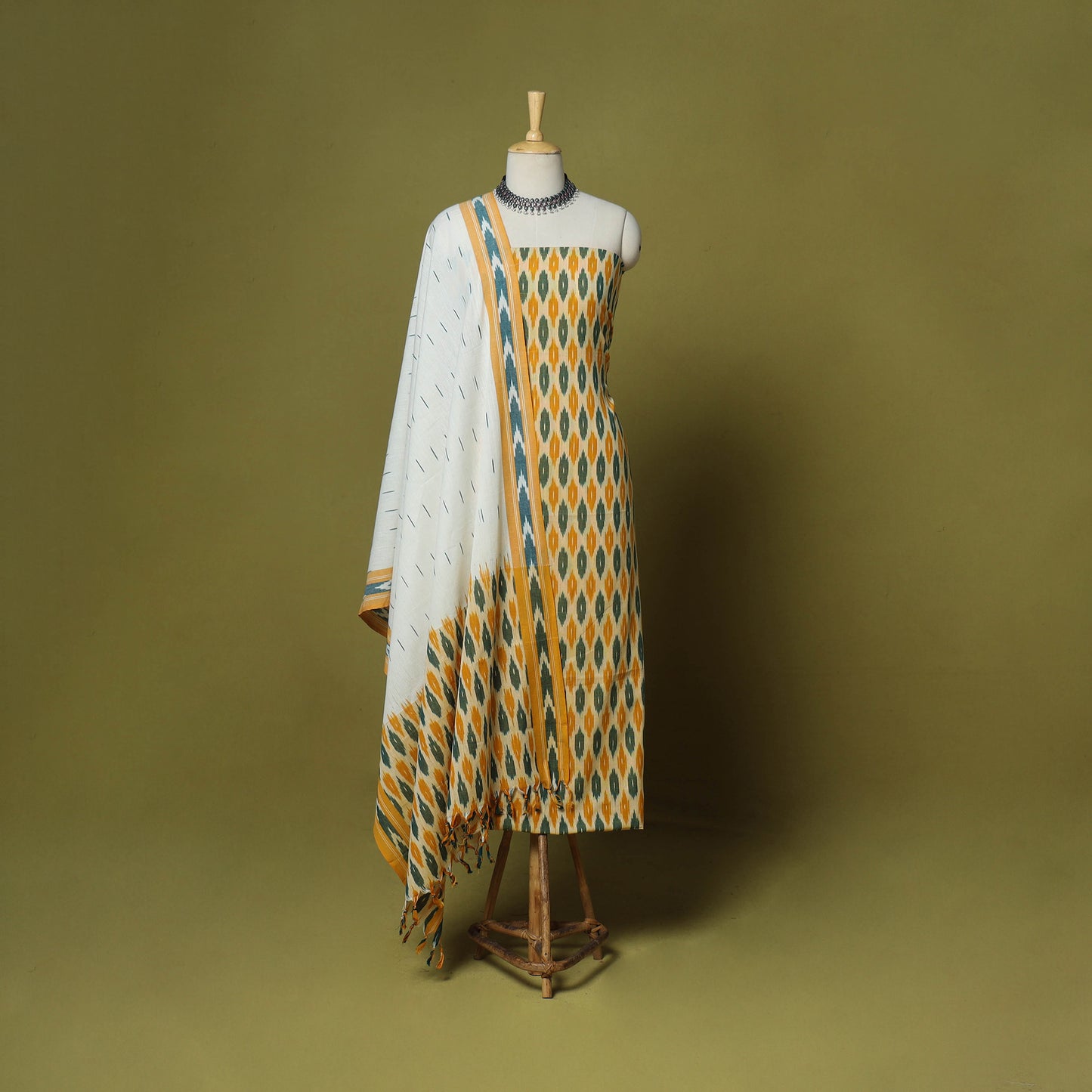 Yellow - 3pc handloom cotton unstitched pochampally ikat