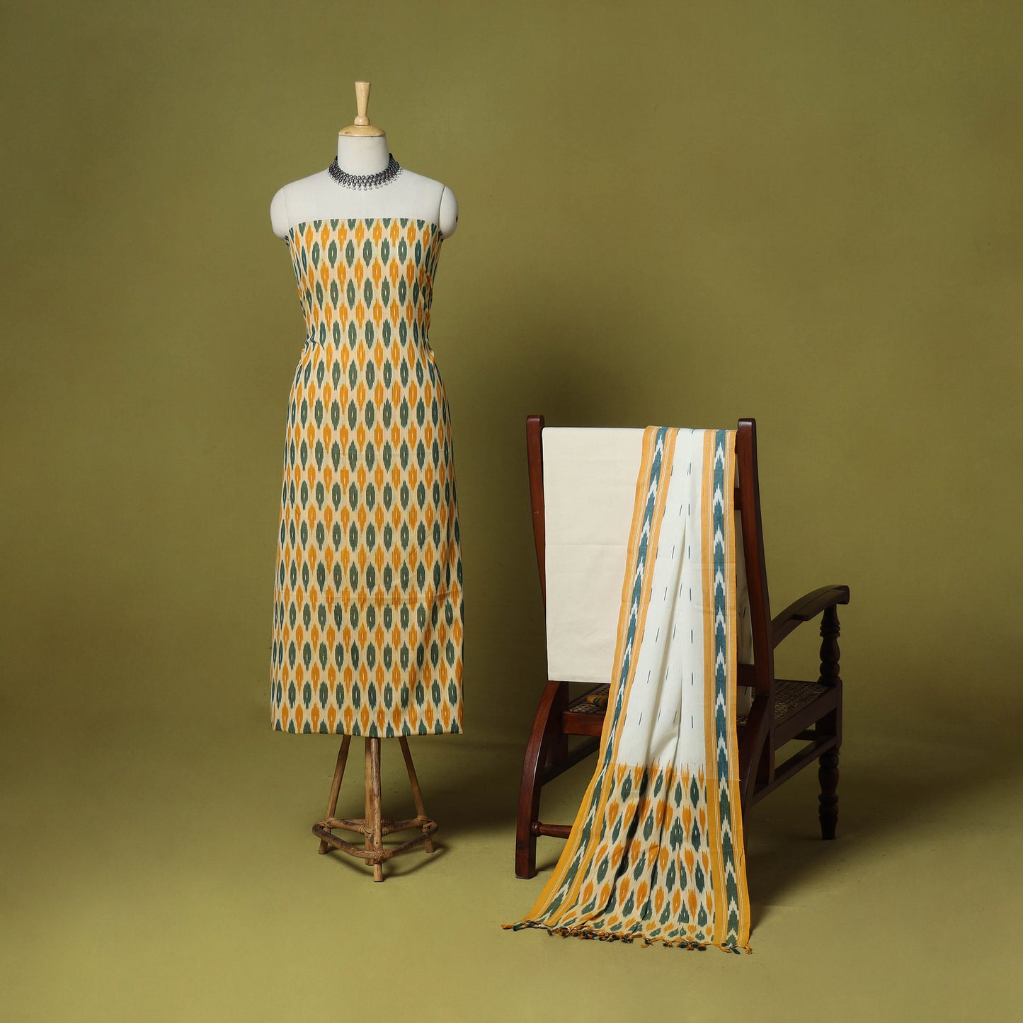 Yellow - 3pc handloom cotton unstitched pochampally ikat