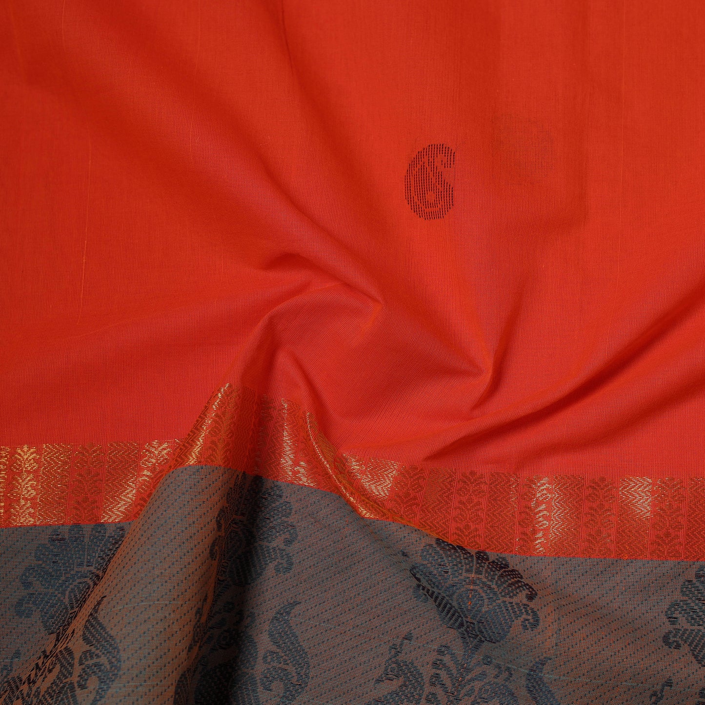 Orange - Kanchipuram Buti Cotton Fabric with Thread Border 09