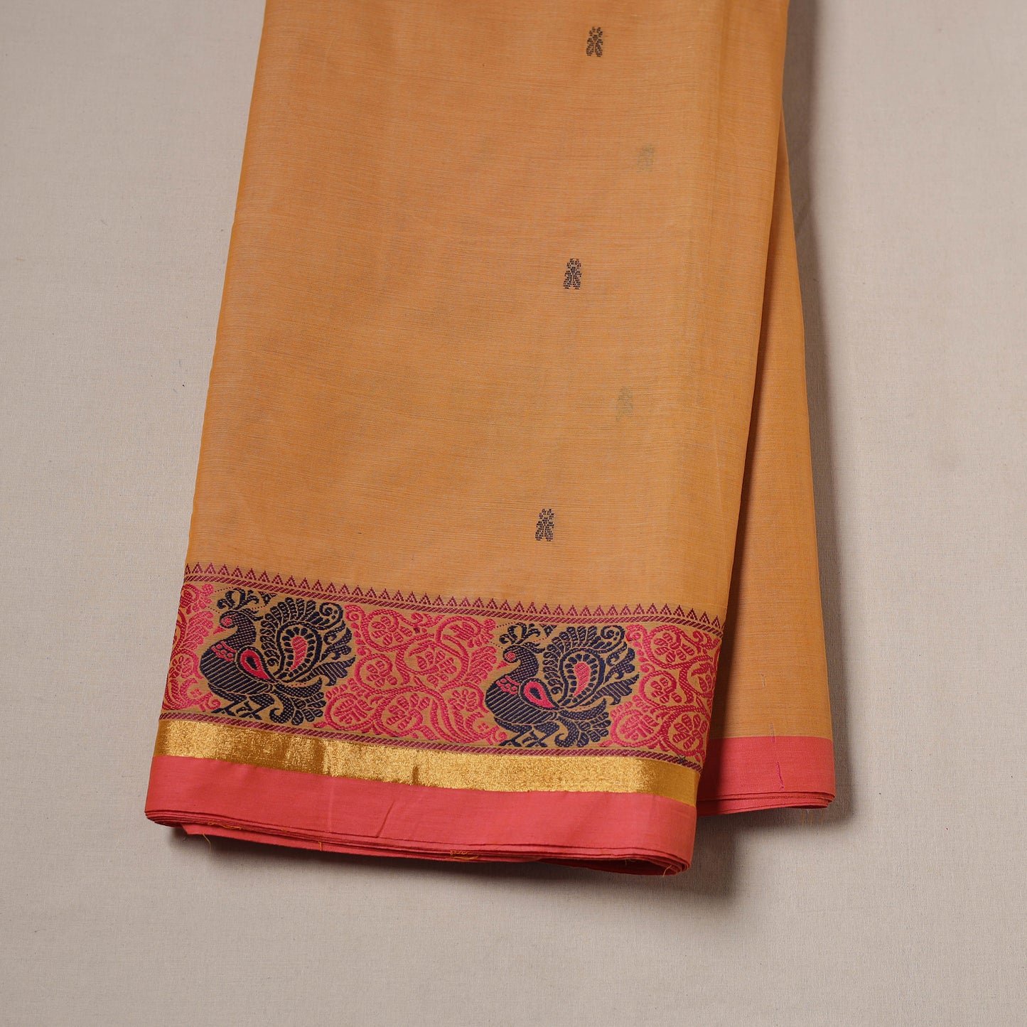 Orange - Kanchipuram Buti Cotton Fabric with Thread Border 12