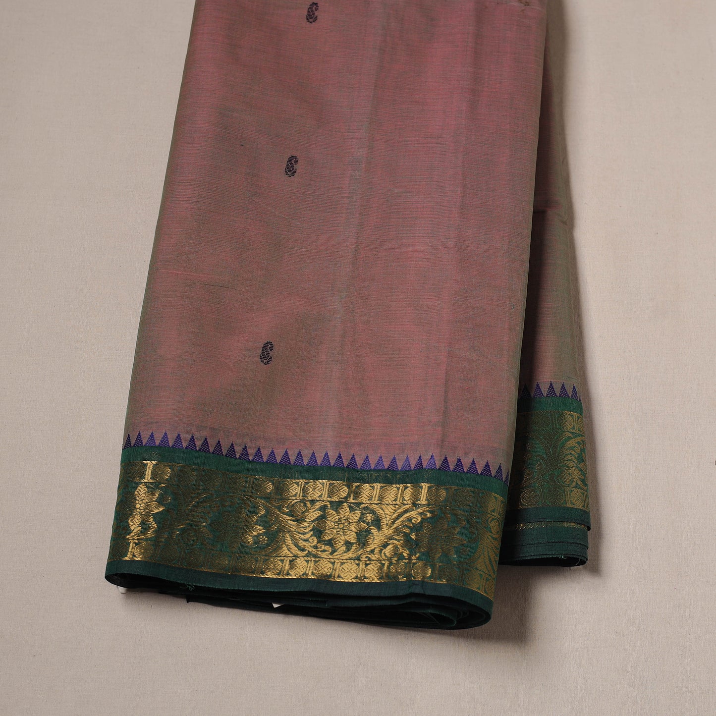 Brown - Kanchipuram Buti Cotton Fabric with Zari Border 13