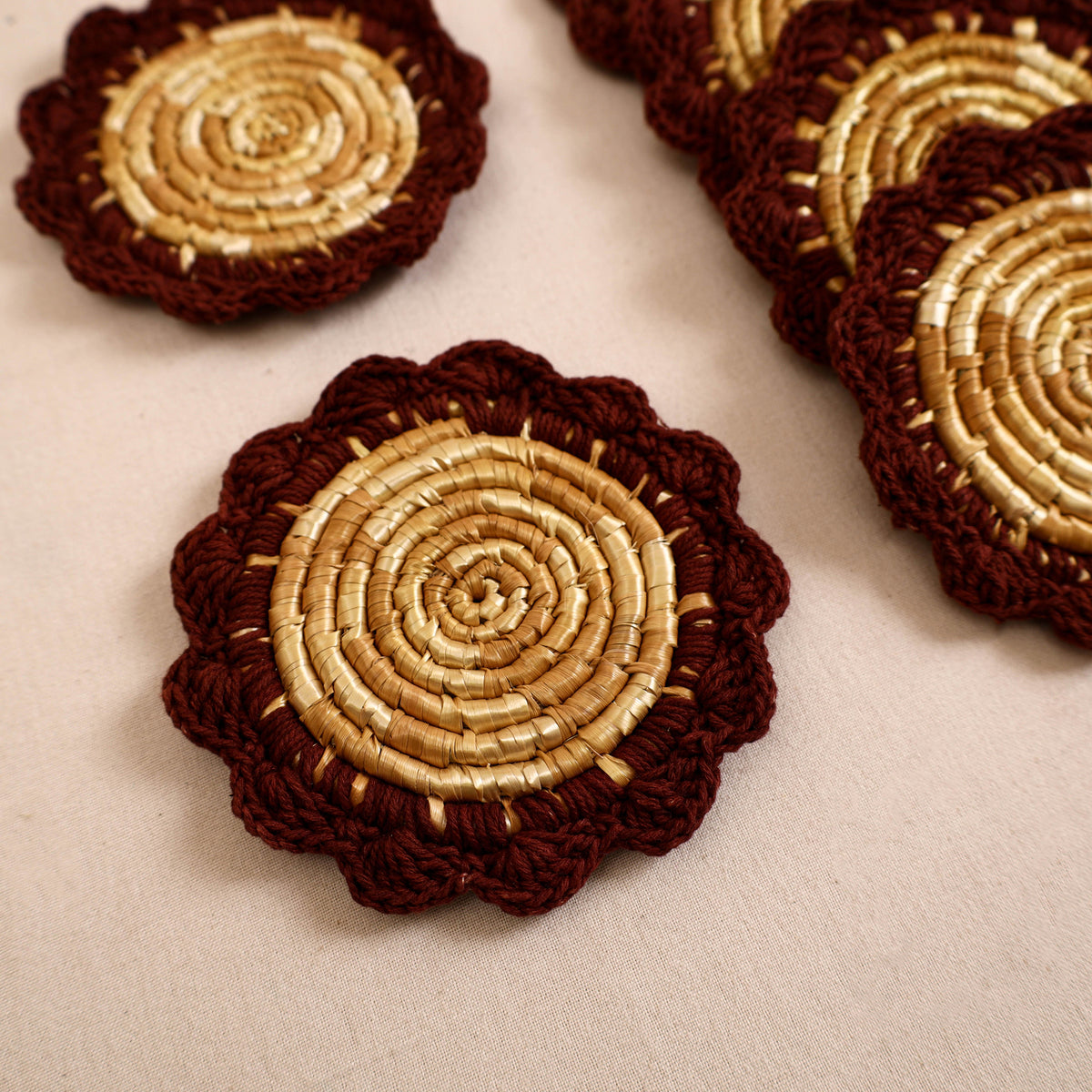 Handcrafted Crochet Work Eco-Friendly Wheat Grass Coasters (Set of 6) 02