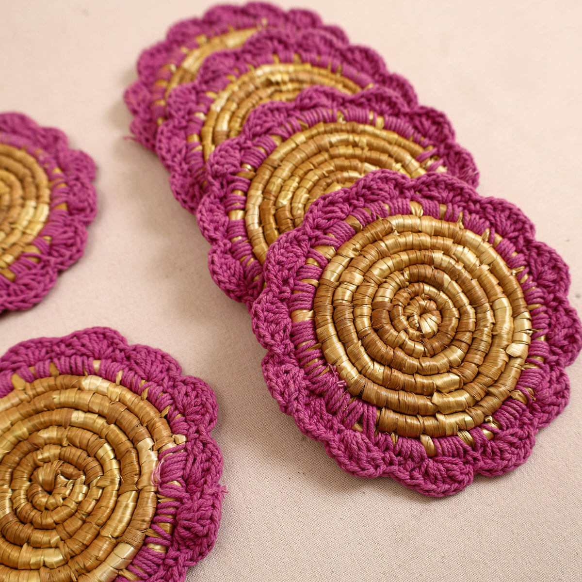 Handcrafted Crochet Work Eco-Friendly Wheat Grass Coasters (Set of 6) 03