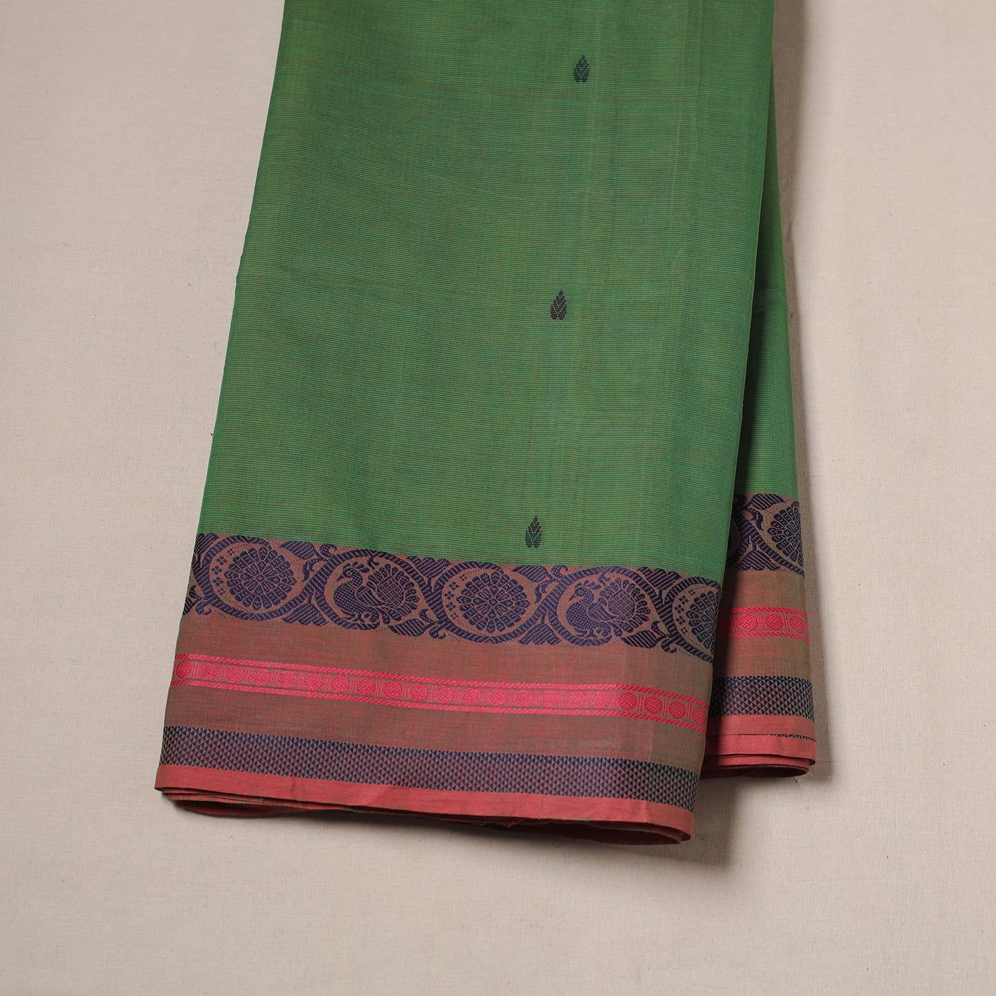 Green - Kanchipuram Buti Cotton Fabric with Thread Border 17