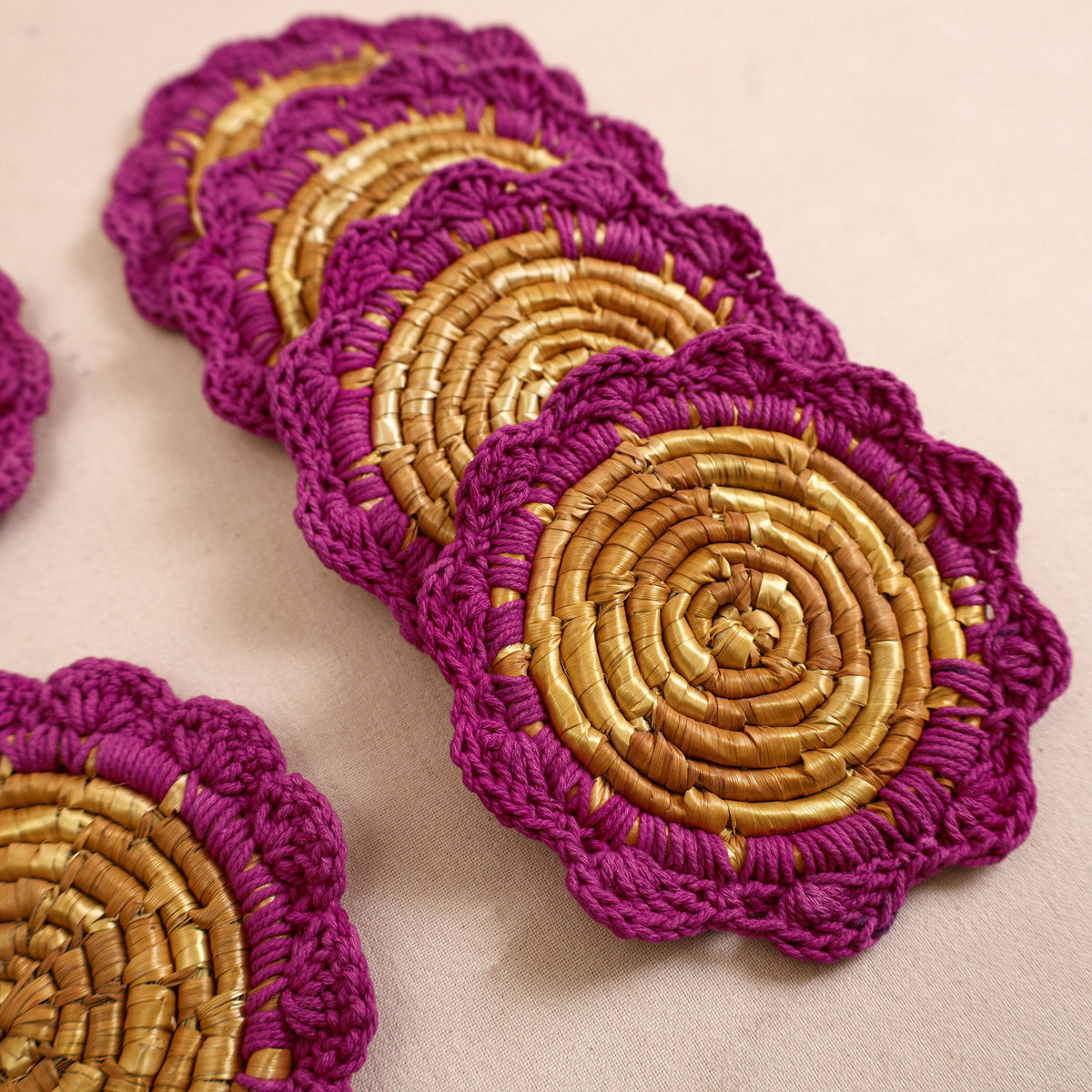 Handcrafted Crochet Work Eco-Friendly Wheat Grass Coasters (Set of 6) 06