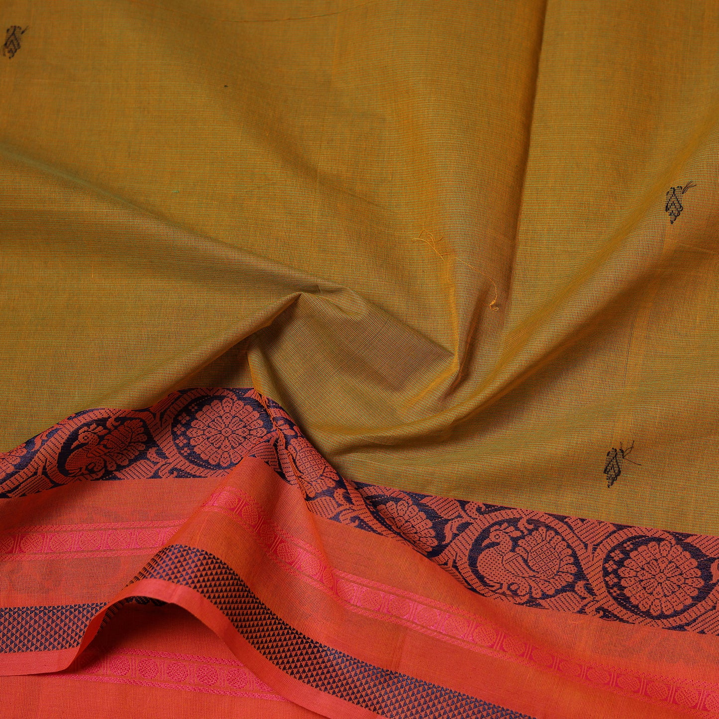 Yellow - Kanchipuram Buti Cotton Fabric with Thread Border 18