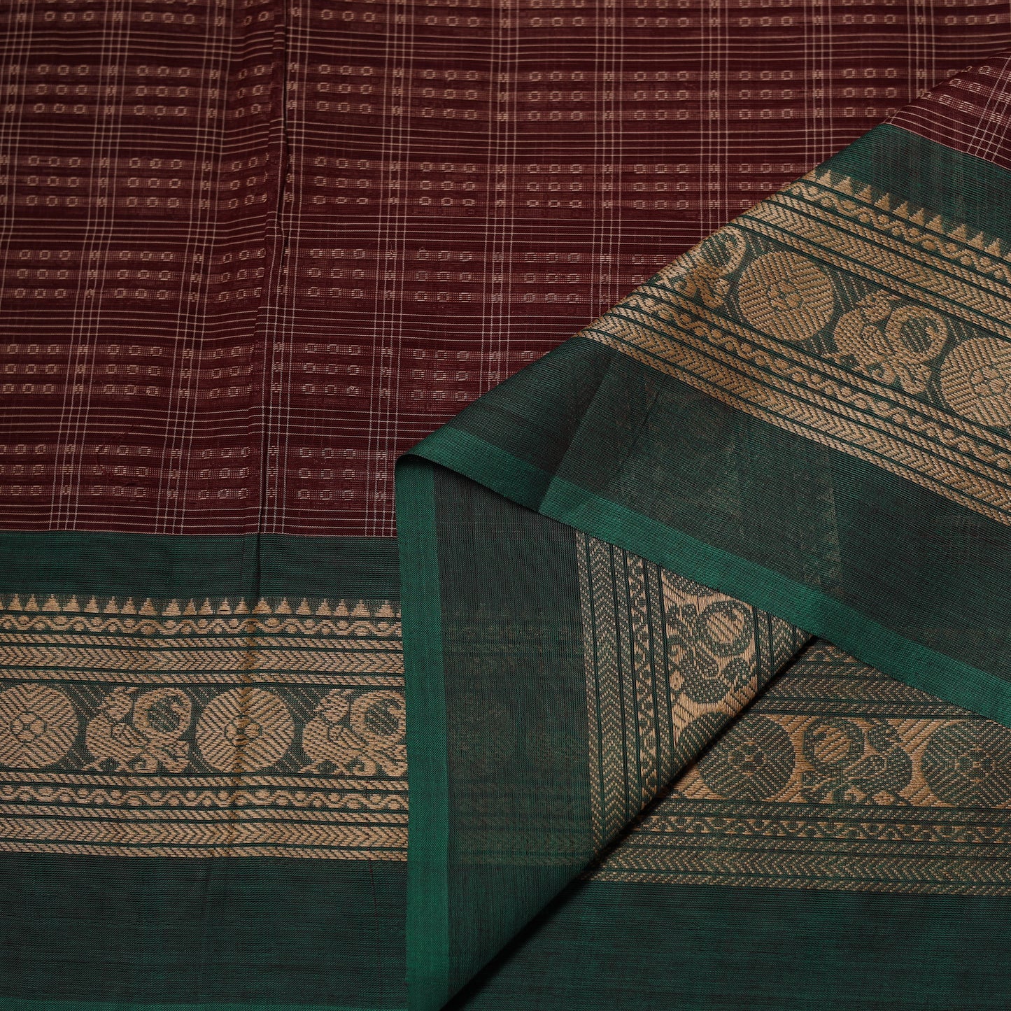 Maroon - Kanchipuram Checks Cotton Fabric with Thread Border 21