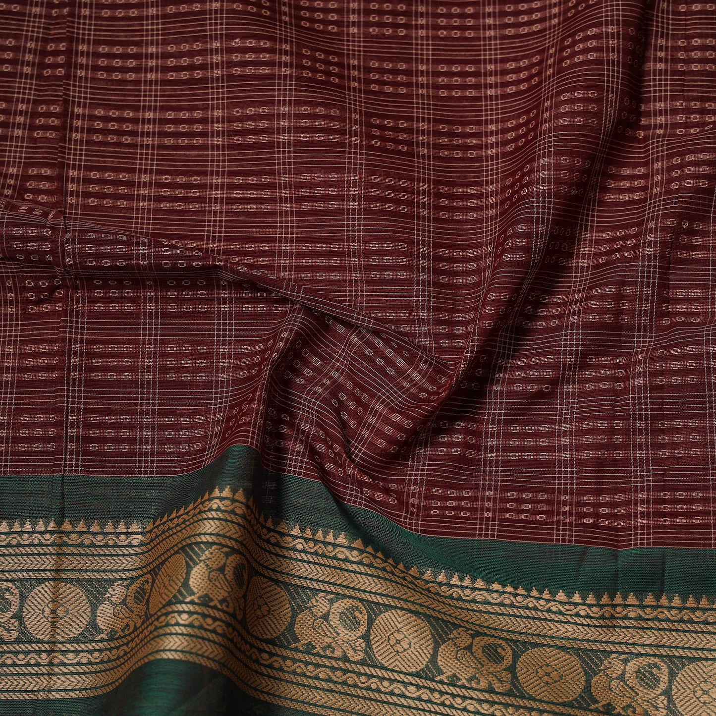 Maroon - Kanchipuram Checks Cotton Fabric with Thread Border 21
