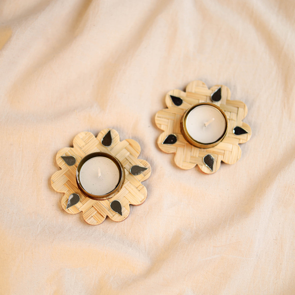 Greenkraft Marigold Handcrafted Bamboo Tealight Candle Holder (Set of 2) 01