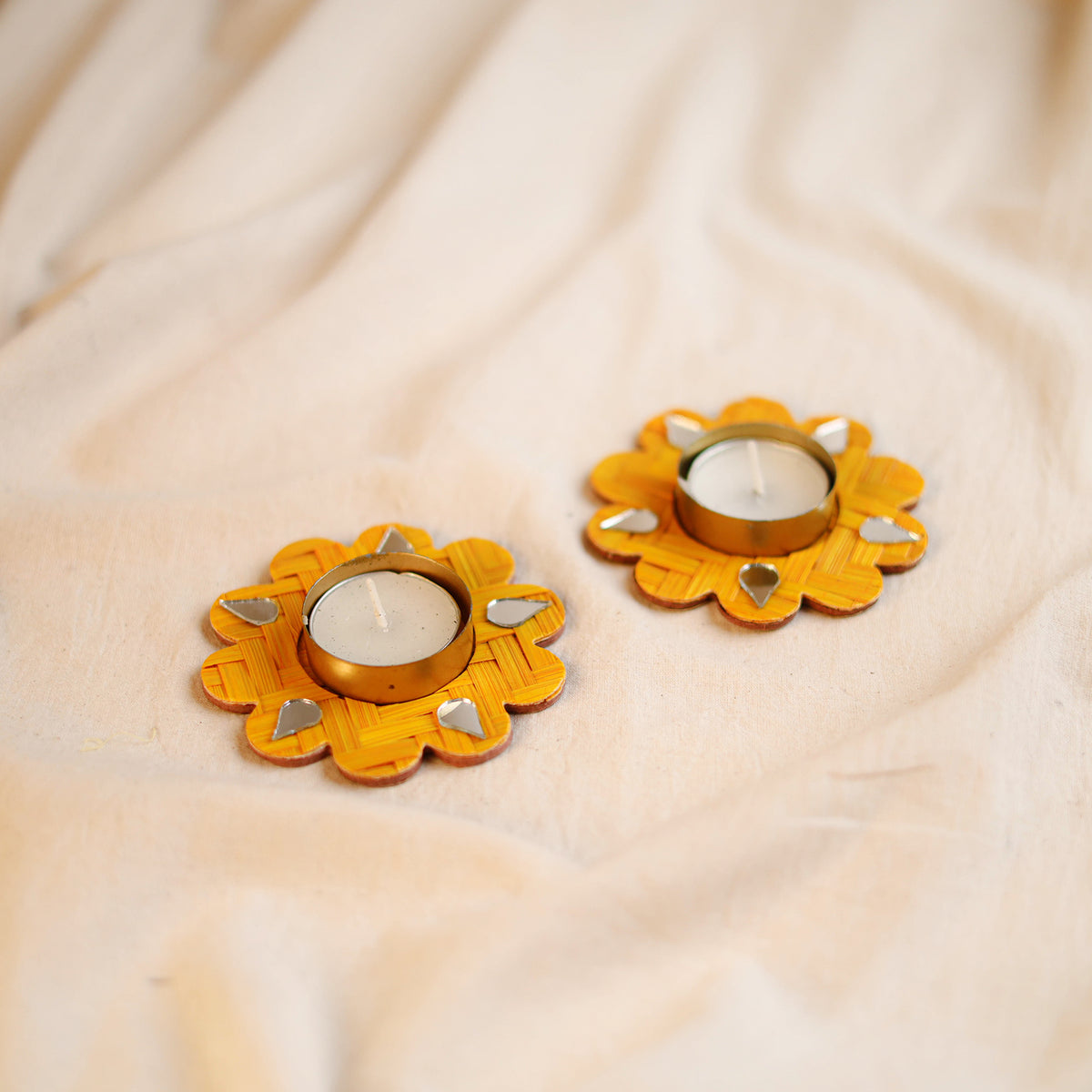 Greenkraft Marigold Handcrafted Bamboo Tealight Candle Holder (Set of 2) 05
