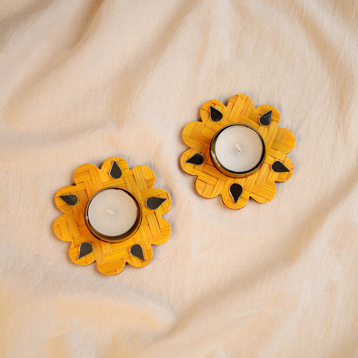 Greenkraft Marigold Handcrafted Bamboo Tealight Candle Holder (Set of 2) 05