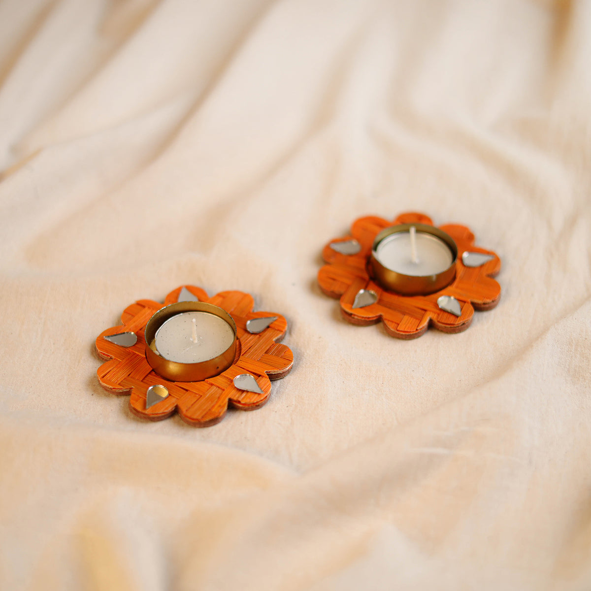 Greenkraft Marigold Handcrafted Bamboo Tealight Candle Holder (Set of 2) 03