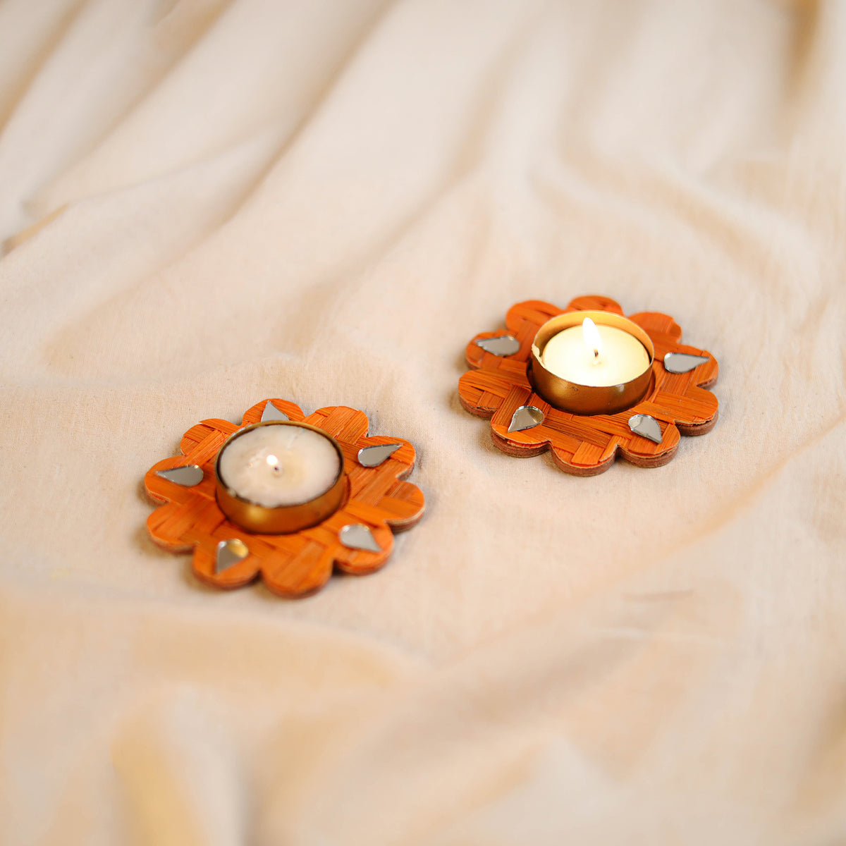 Greenkraft Marigold Handcrafted Bamboo Tealight Candle Holder (Set of 2) 03