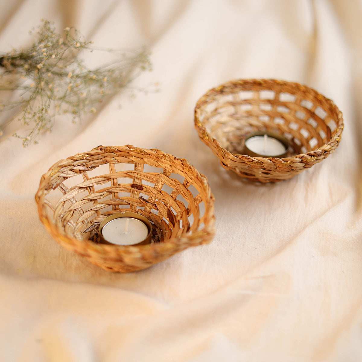 Greenkraft Handcrafted Banana Jali Diya Tealight Candle Holder (Large - Set of 2) 45