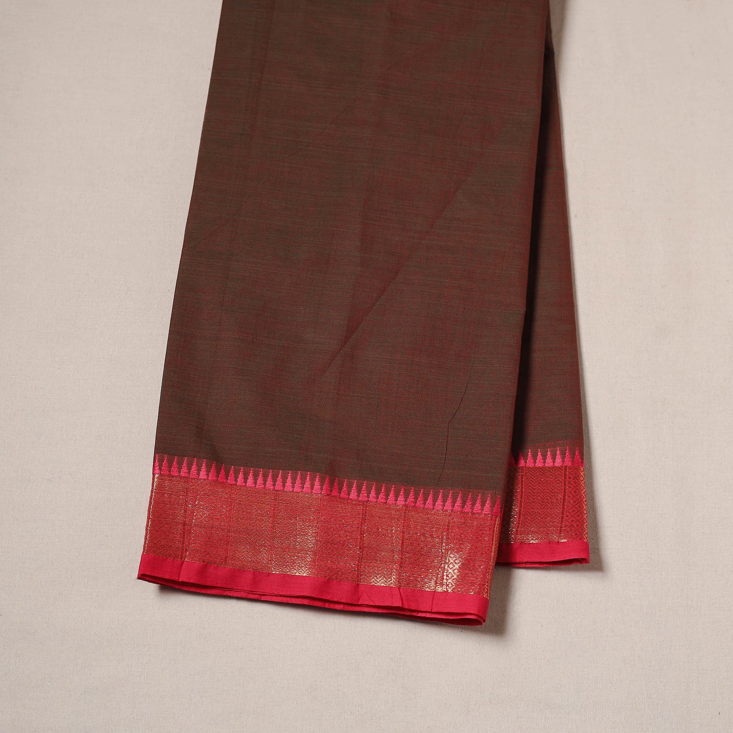 Brown - Kanchipuram Cotton Fabric with Zari Border 07