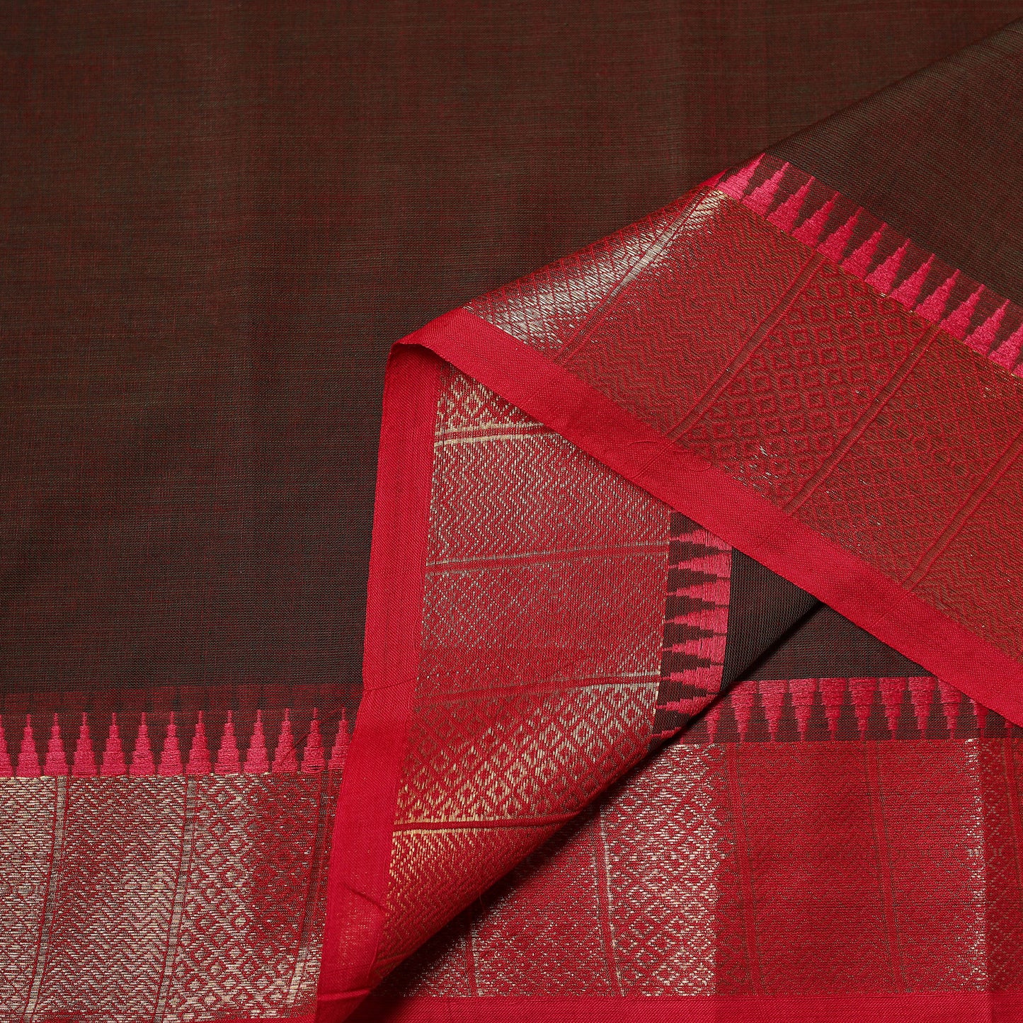 Brown - Kanchipuram Cotton Fabric with Zari Border 07