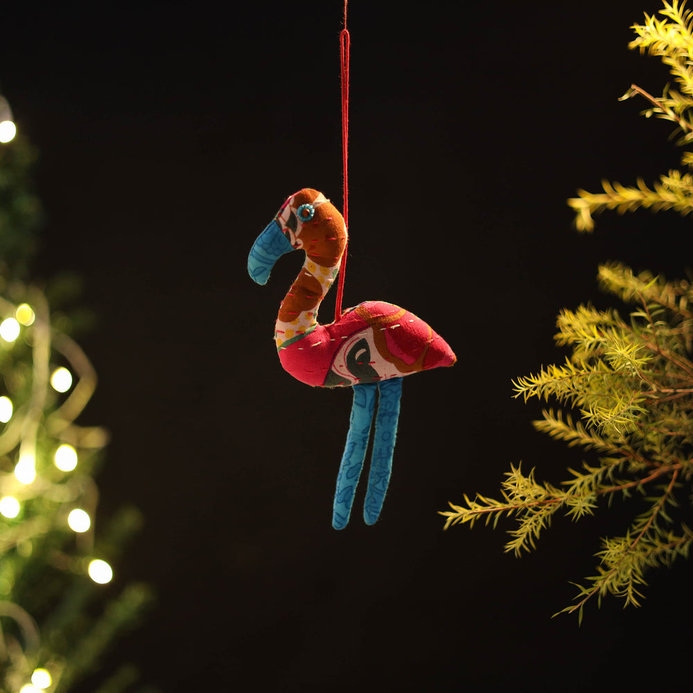 Flamingo - Handcrafted Kantha Stuffed Christmas Ornament 44