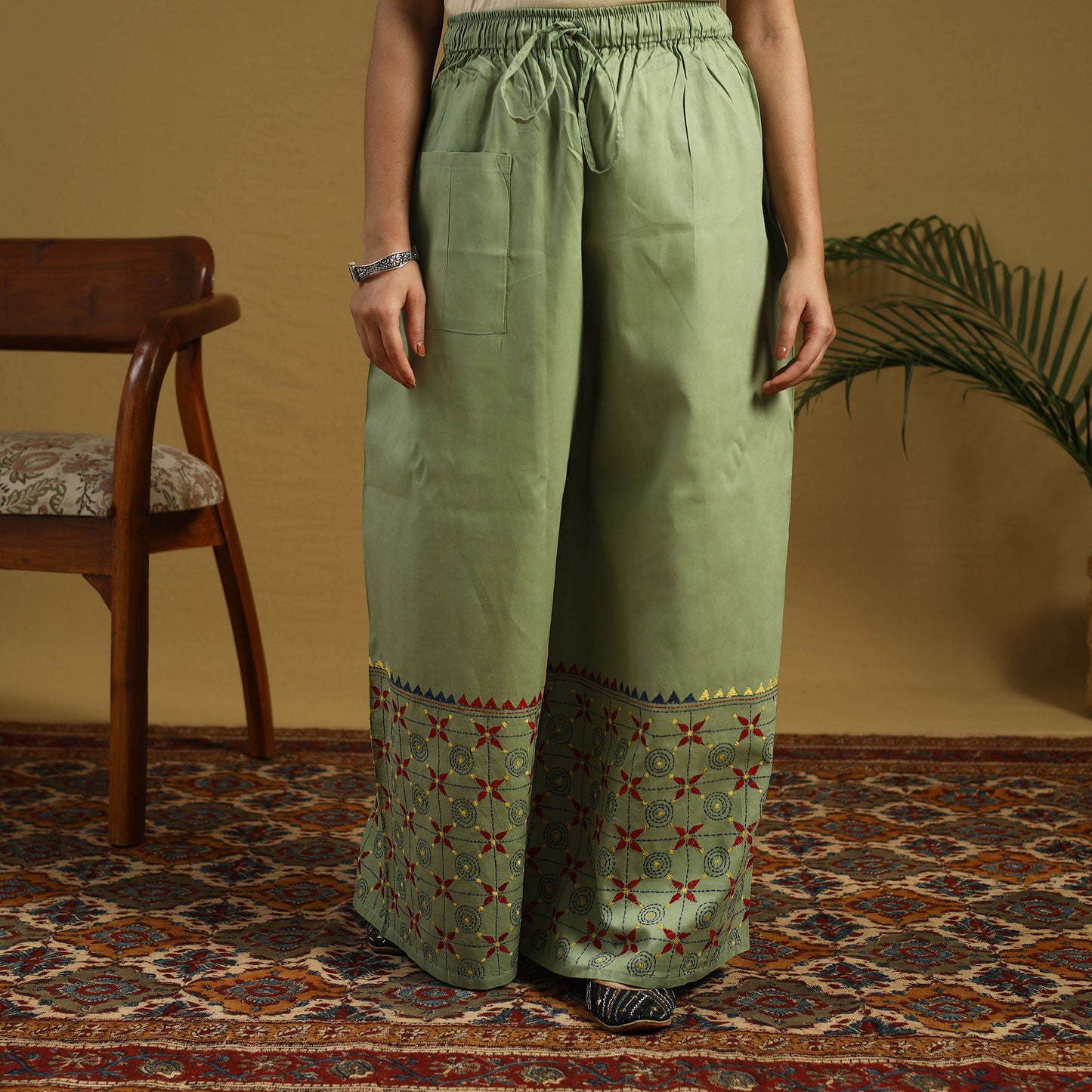 Green Cotton Bengal Kantha Hand Embroidery Palazzo