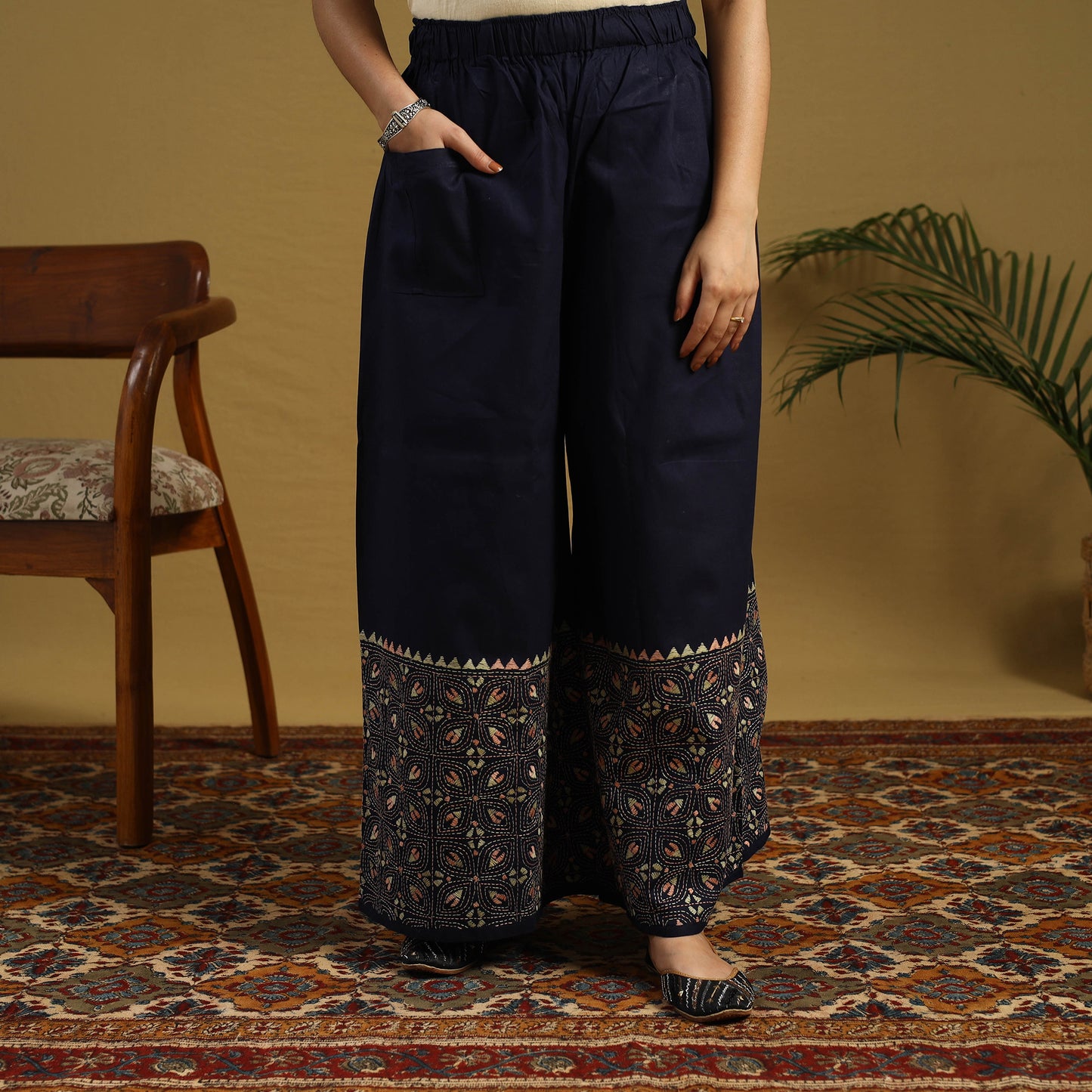 Buy Blue Cotton Bengal Kantha Hand Embroidery Palazzo