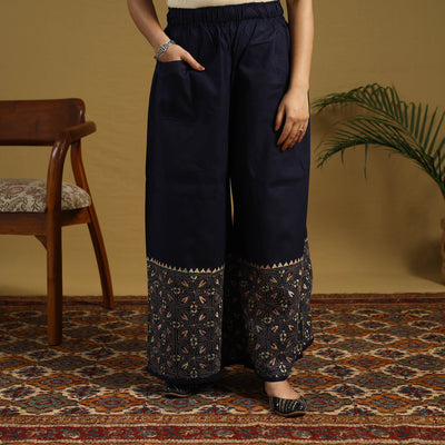 Buy Blue Cotton Bengal Kantha Hand Embroidery Palazzo