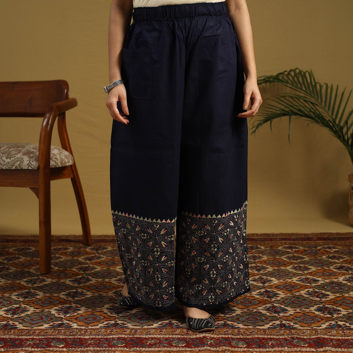 Buy Blue Cotton Bengal Kantha Hand Embroidery Palazzo