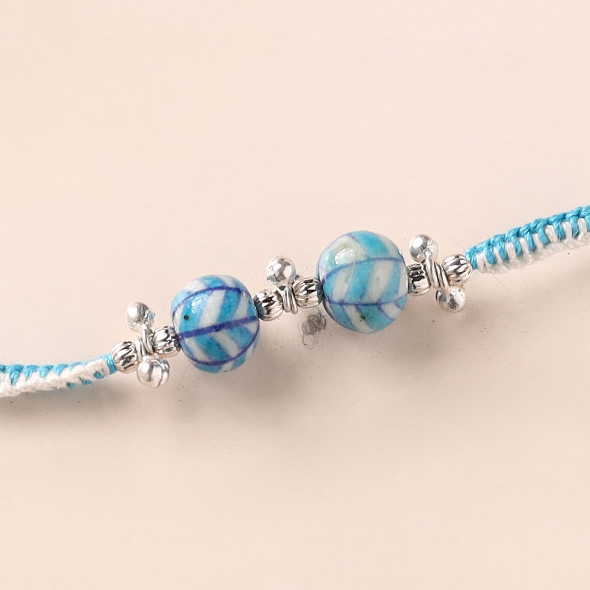 Handcrafted Patwa Threadwork Blue Pottery Beads Rakhi 06