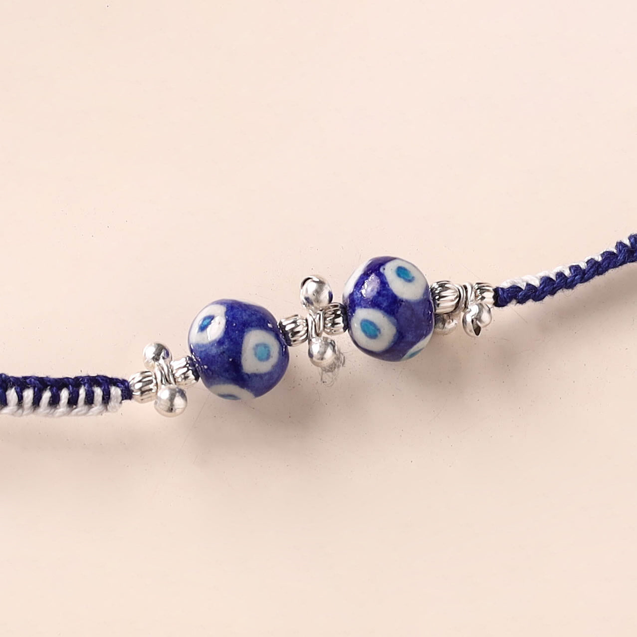 Handcrafted Patwa Threadwork Blue Pottery Beads Rakhi 07