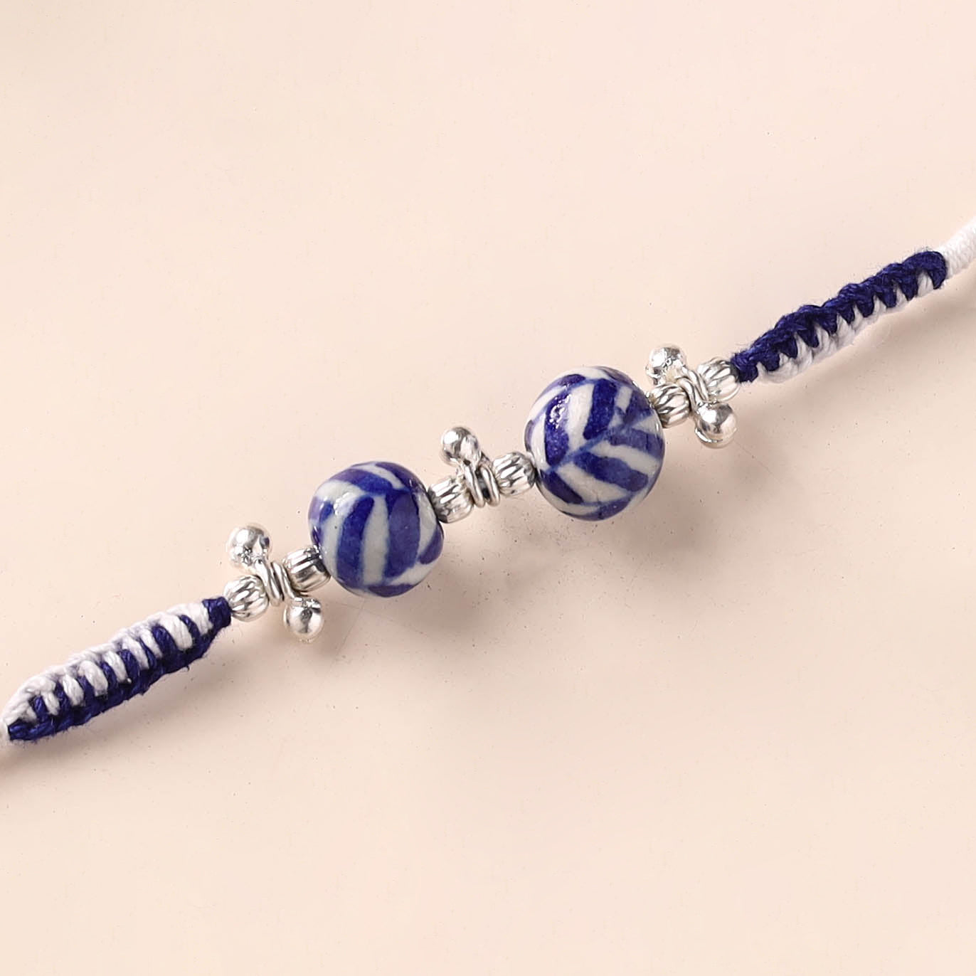 Handcrafted Patwa Threadwork Blue Pottery Beads Rakhi 09