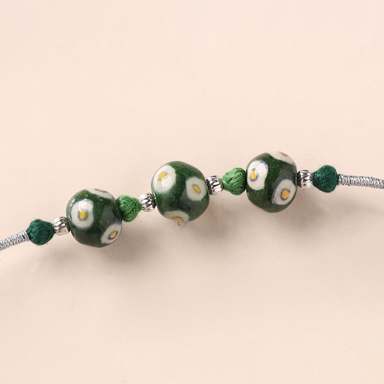 Handcrafted Patwa Threadwork Blue Pottery Beads Rakhi 12