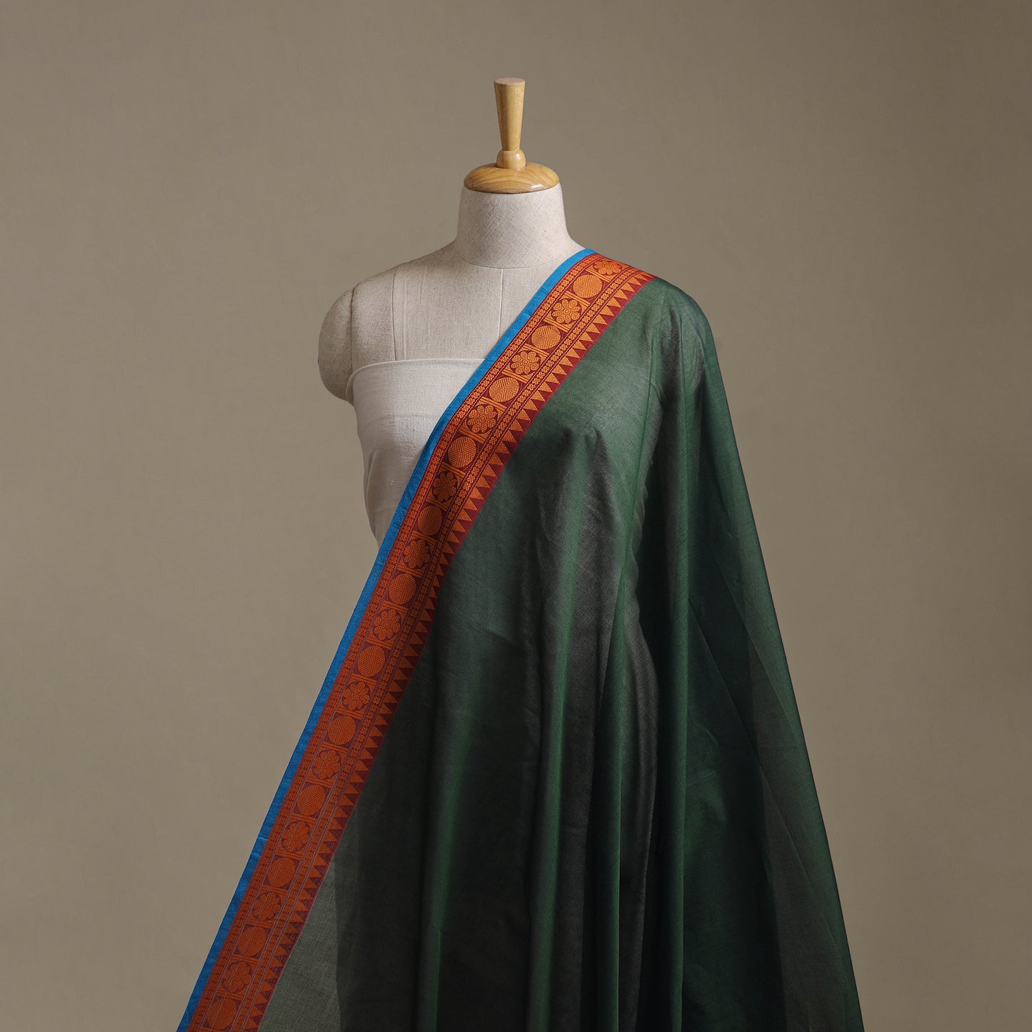 Green - Kanchipuram Cotton Fabric with Thread Zari Border 03