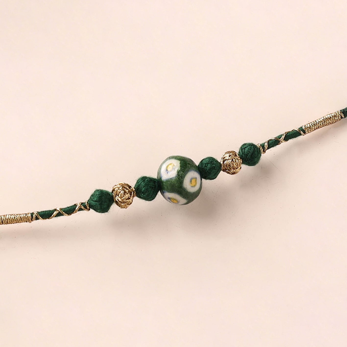 Handcrafted Patwa Threadwork Blue Pottery Beads Rakhi 18