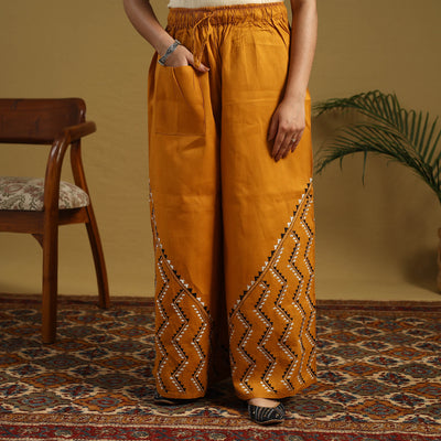 Buy Orange Cotton Bengal Kantha Hand Embroidery Palazzo